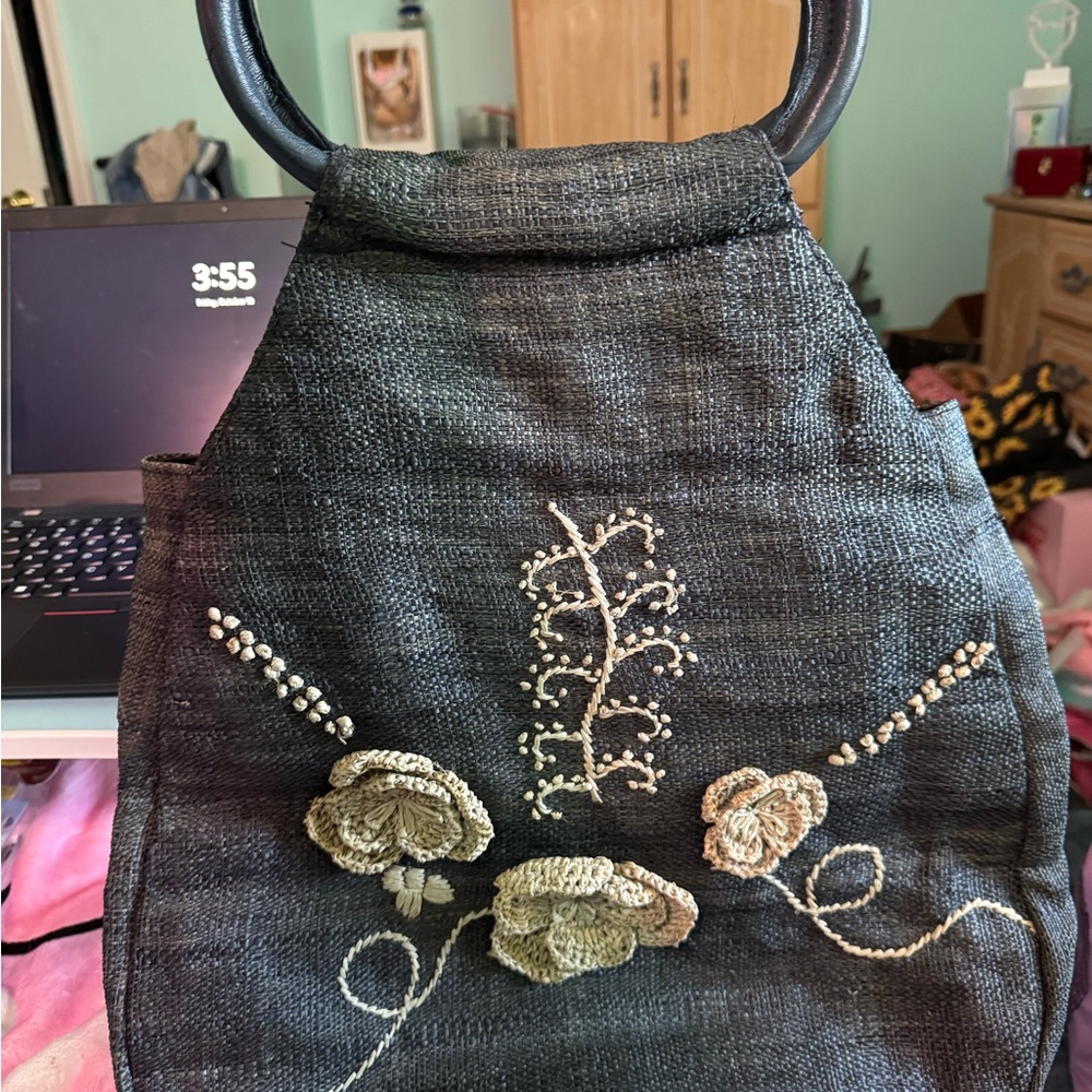 Flora Bella Denim Burlap Tote with Embroidered Flowers